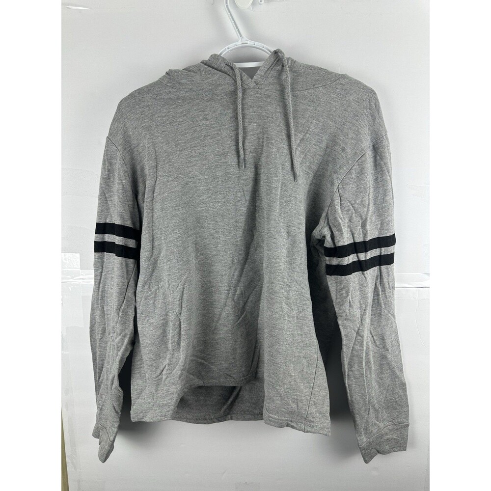 On Fire Gray Pullover Hoodie Sz L Black Stripe Sleeves 100% Cotton
